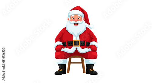 A jolly Santa Claus figure, sitting on a simple wooden stool, smiling.