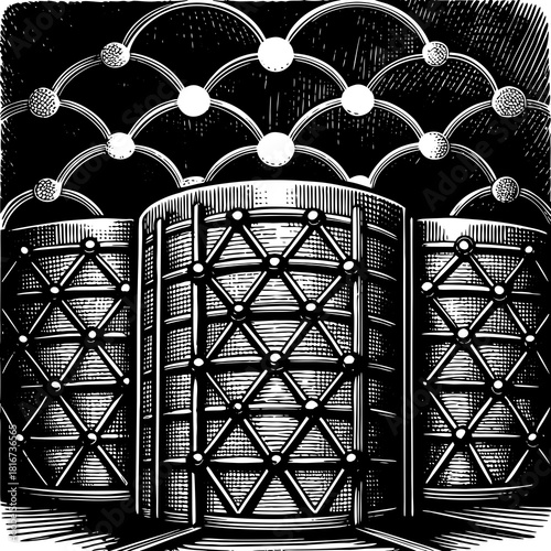 Abstract network structure with cylindrical servers and connected nodes