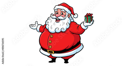 Cheerful Santa Claus, wearing a red suit, holding a present.