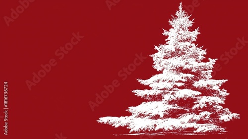 Merry Christmas: snow-covered white Christmas tree on solid red background; ideal as wallpaper, poster, banner for festive holiday decor (minimalist high-contrast style)