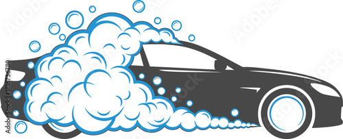 Black silhouette of a car being washed with abundant soap suds and bubbles isolated on transparent background silhouette