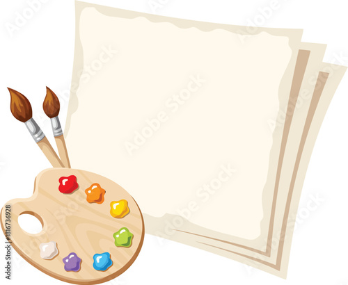 Artistic painting palette with brushes and blank paper sheets isolated on transparent background vector