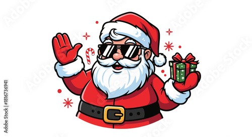 A cool Santa Claus wearing sunglasses, waving, and holding a present.