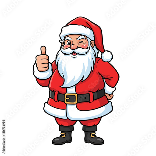 Cartoon Santa Claus winking and giving a thumbs up, wearing a red suit and hat.