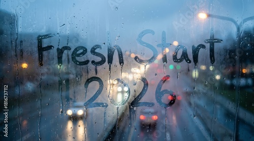Fresh Start on Rainy Window - Rainy window with the words Fresh Start 2026