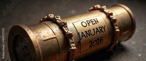 Metal time capsule sealed with Open January 2026 plate, preserving moments for the future