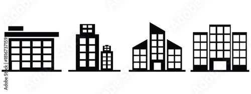 House and Building Icon Set – Residential, Office, School, and Skyscraper Vector Illustrations for Architecture and Urban Design