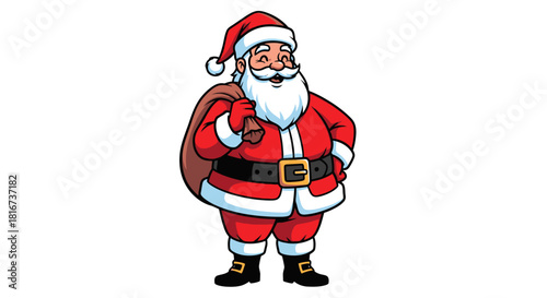 A cheerful cartoon illustration of Santa Claus, carrying a sack, smiling.