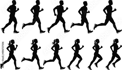 Running man and woman silhouette set, male and female athlete jogging animation frames, sport vector collection isolated on white background, side view fitness exercise