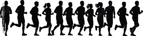 Row of running silhouettes, marathon runners group, jogging athletes line, vector illustration isolated on white background, sport fitness race, active people crowd