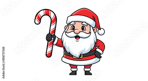 Cartoon Santa Claus with a white beard, wearing a red suit, pointing to the right.
