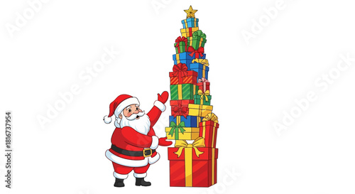 Santa Claus with a red suit gestures toward a tall stack of colorful Christmas gifts.