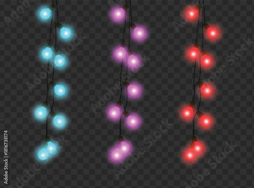 String of glowing electric light bulbs in three colors blue pink and red hanging vertically against a dark transparent background