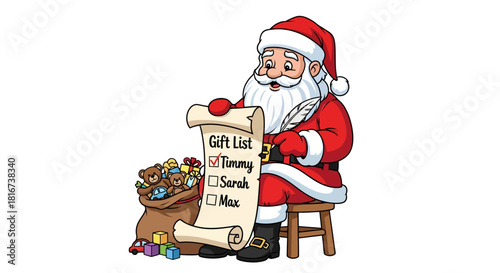 Santa Claus checks his gift list, sitting on a stool with a bag of toys beside him.