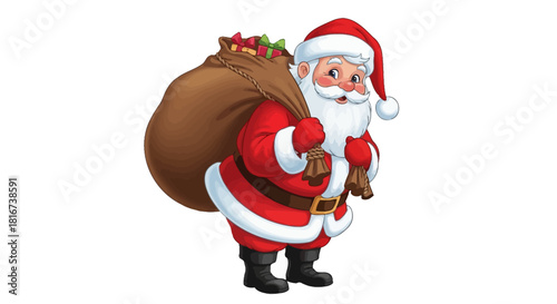 Jolly Santa Claus figure carrying a large sack filled with gifts, ready for Christmas.