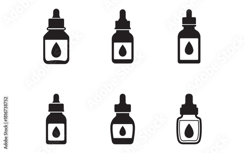 Black and White Illustration of Dropper Bottles with Liquid Droplets