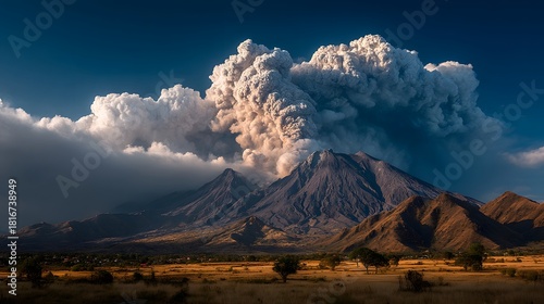 Erupting Volcano with Ash Cloud and Scenic Landscape at Sunset