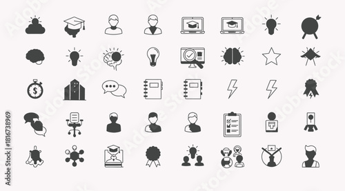Education and Creativity Icons Set – Learning, Idea, Brain, Teamwork, Achievement