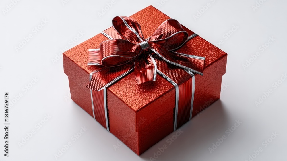 Fototapeta premium Sparkling red square package tied with a shiny bow sits on a white surface
