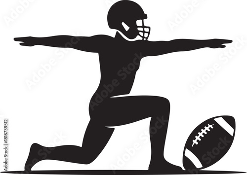 Football player vector silhouette in a dynamic lunge pose with arms outstretched and a football on the ground