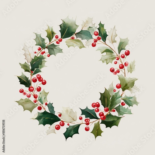 A beautiful wreath made of holly leaves and berries, perfect for festive decorations and seasonal cheer.