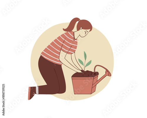 Young woman kneeling and planting seedling in a watering can