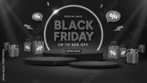 Black Friday Promotion Scene With Glowing Circle, Center Stage, And Gift Bags