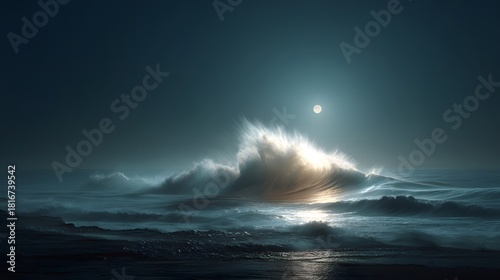 Surreal Ocean Waves at Night with Full Moon Illuminating Surface