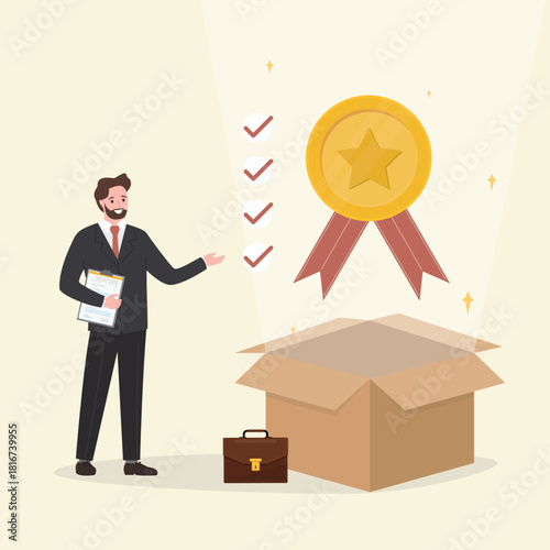Golden medal with quality star flies out of box. Quality Control, process to assure excellence product and service delivery. Businessman check quality with passed checklist