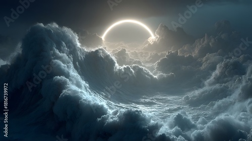 Dramatic Seascape with Waves and Ethereal Glow of Rising Sun
