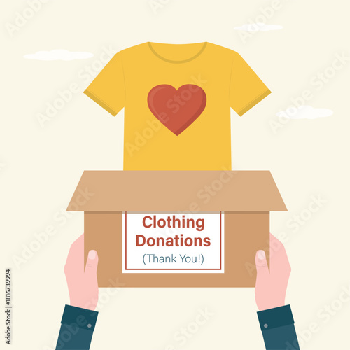 Clothing donation banner. Used clothes drop into cardboard box. Charity donation concept, second hand things. Support and humanitarian aid. Volunteer hold box