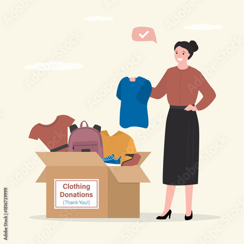 Clothing donation banner. Woman volunteer put various old clothes into cardboard box. Charity donation concept, second hand things. Support and humanitarian aid