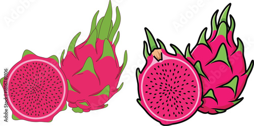 Vibrant dragon fruit halves and whole fruits depicted in a clean vector style isolated on transparent background