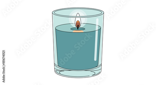 Warm glow of a burning teal candle in a simple glass jar illustration, symbolizing peace, relaxation, and cozy home ambiance, perfect for design elements and tranquil settings