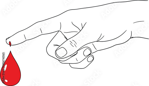Close up silhouette of a human finger with a single drop of red blood falling isolated on transparent background