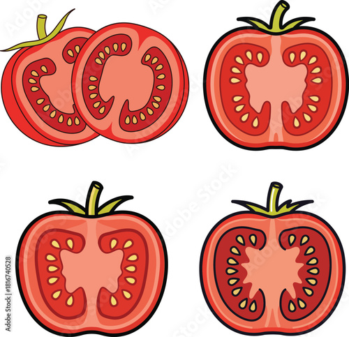 Four stylized red tomatoes cut in half showing seeds and pulp isolated on transparent background 
