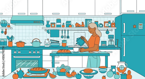 A woman pouring a hot drink in a cozy and well-equipped kitchen, representing a daily home routine and lifestyle