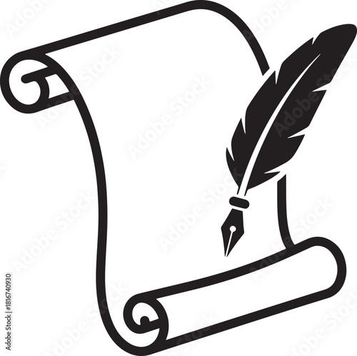 Black ink quill pen resting on a rolled parchment scroll silhouette isolated on transparent background