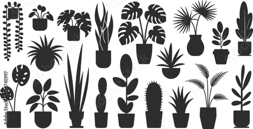Vector silhouette collection of various indoor potted house plants, decorative tropical and succulent garden foliage, stylish room decor elements, natural botanical illustration icon set.
