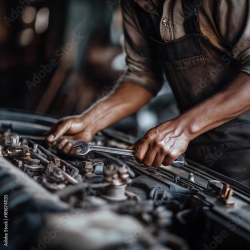 Skilled mechanic working on an engine with tools, showcasing the essence of automotive repair and craftsmanship.