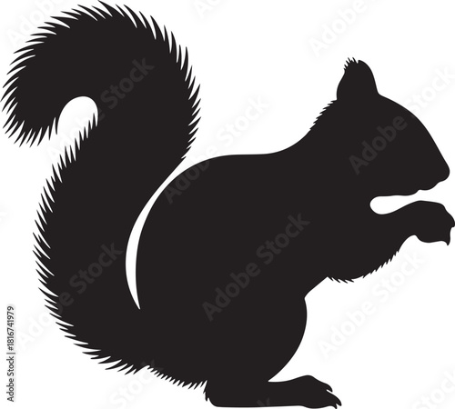 Black silhouette of a squirrel with a bushy tail holding food isolated on transparent background