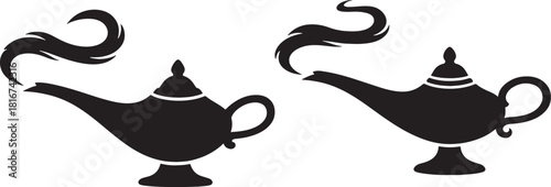 Two black silhouette genie lamps with smoke rising from the spouts isolated on transparent background