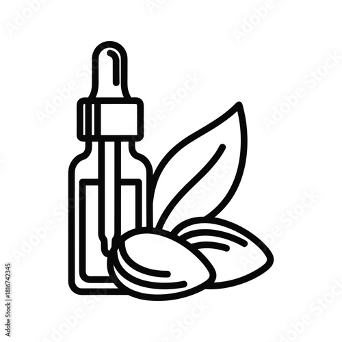 Almond oil dropper bottle with almonds and a leaf, representing natural skincare and beauty products