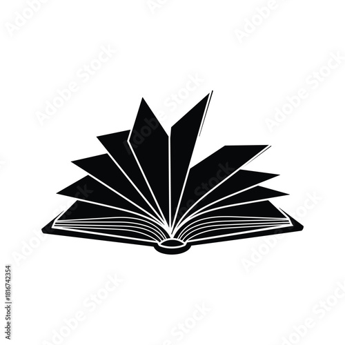 Black silhouette of an open book with fanned pages, symbolizing knowledge, isolated on