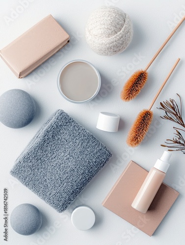 A collection of spa and bath accessories, including a soap bar, a jar of cream, a folded towel, bath bombs, cleaning brushes, and a spray bottle, arranged in a