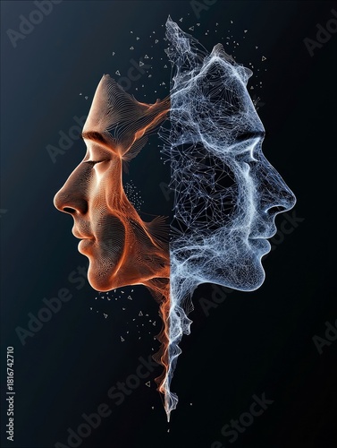 Two abstract human profiles facing each other, one in warm orange tones and the other in cool blue tones, both dissolving into digital particles and wireframes
