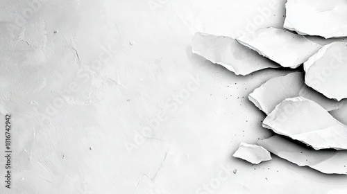 Scattered, torn pieces of white paper with rough edges are arranged on a light gray, textured background, creating a minimalist and abstract composition.