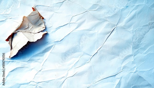 Close-up of crumpled white paper with a torn section revealing cardboard underneath, casting shadows. The lighting is bright and cool-toned.
