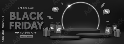 Black Friday Special Sale Banner With Gifts, Discounts, And Shopping Stage Visual Display