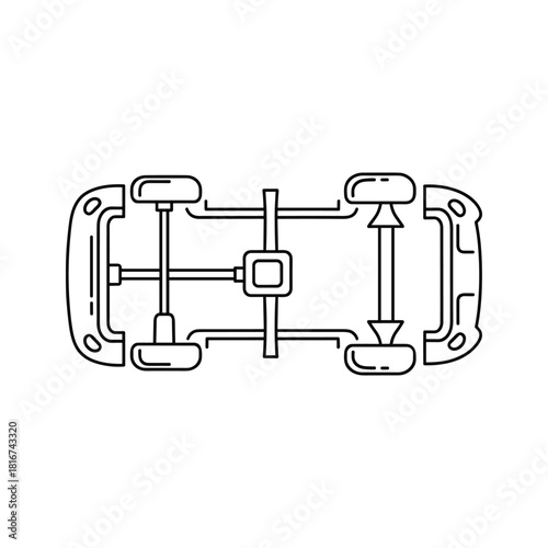 Car chassis line art illustration showing the undercarriage, axles, wheels, and drive shaft from a topdown perspective